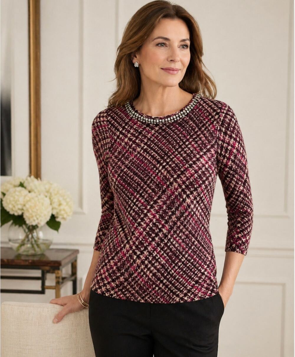 Talbots Pure Cashmere Embellished Neck Sweater Petite Burgundy Plaid